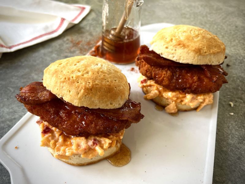 Palmetto Cheese Chicken Biscuit with Hot Honey Drizzle