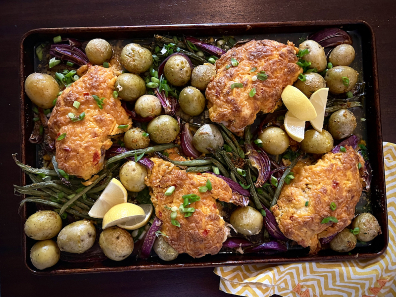 Palmetto Cheese Baked Chicken with Green Beans and Potatoes