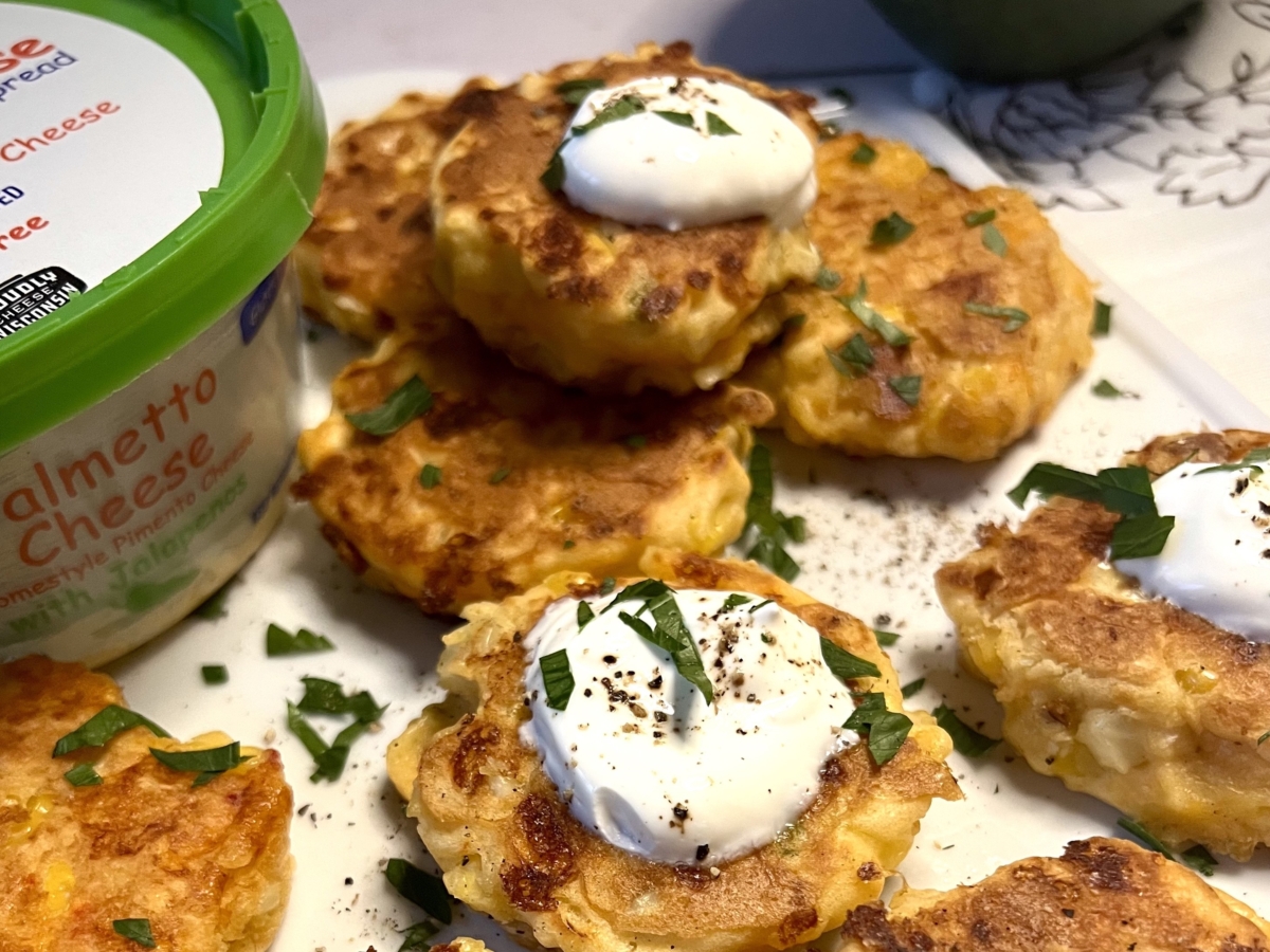 Cheesy Jalapeno Corn Fritters Palmetto Cheese Homestyle Pimento Cheese