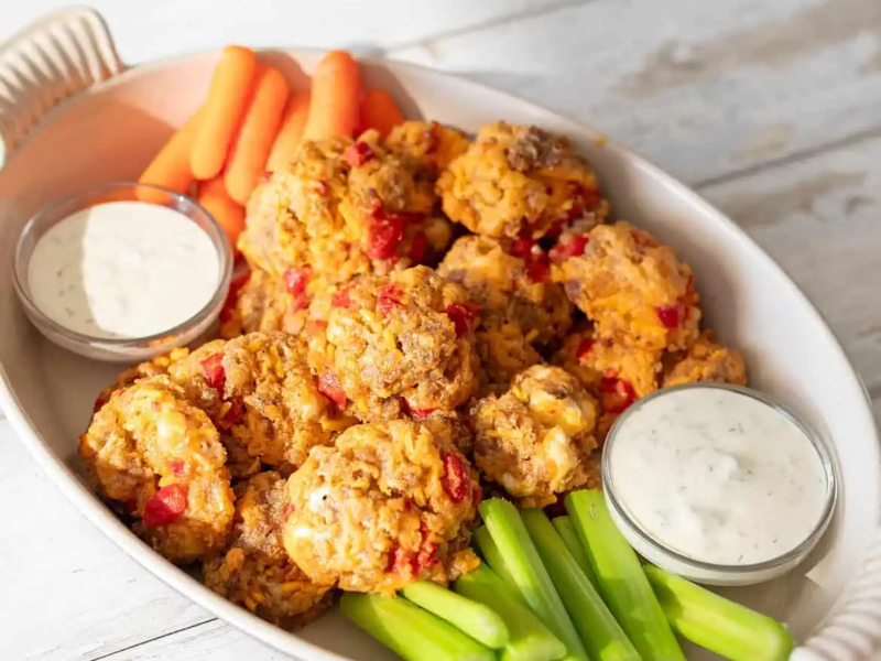Roasted Red Pepper and Pimento Cheese Sausage Balls With Pickle Ranch